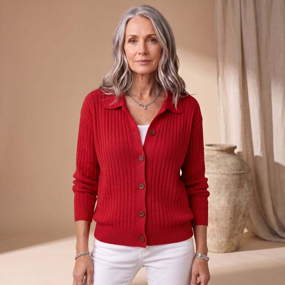 Isabella | Women's Ribbed Button-Up Collared Cardigan