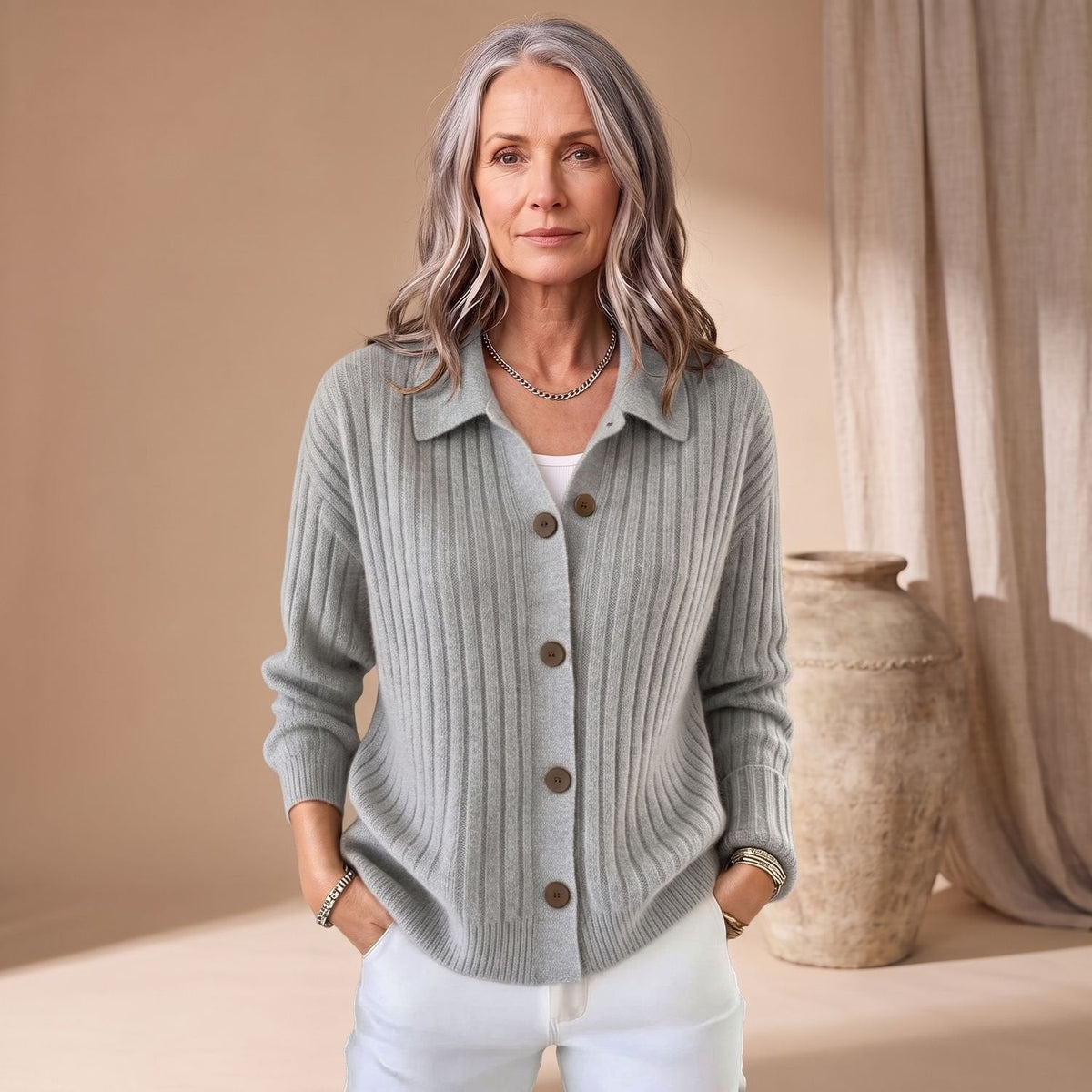 Isabella | Women's Ribbed Button-Up Collared Cardigan