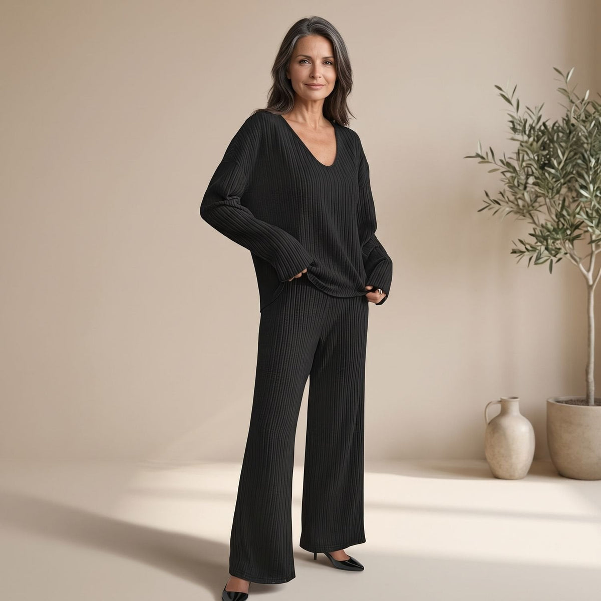 Harper | Women's V-Neck Ribbed Knit Two-Piece Lounge Set with Wide Legs