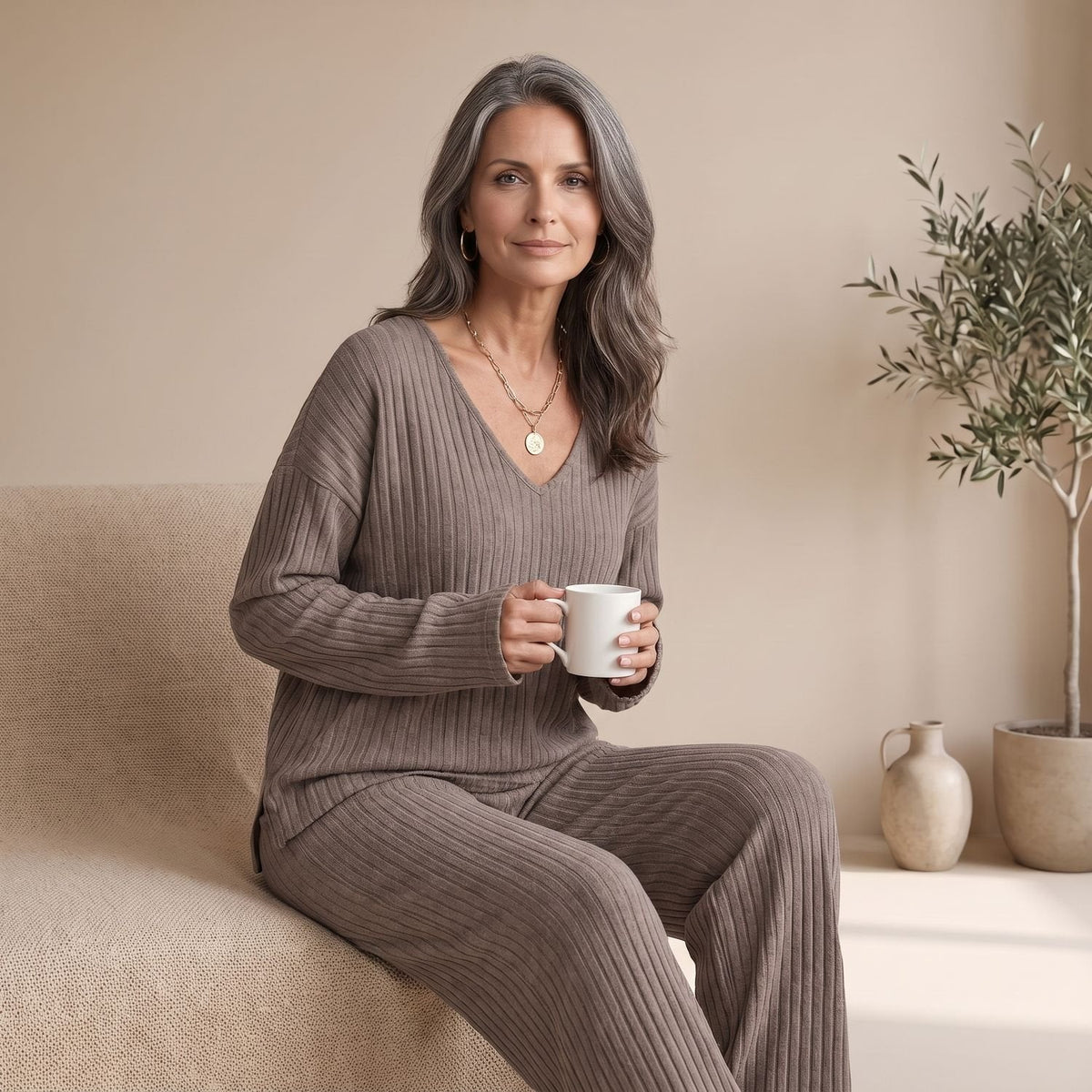 Harper | Women's V-Neck Ribbed Knit Two-Piece Lounge Set with Wide Legs