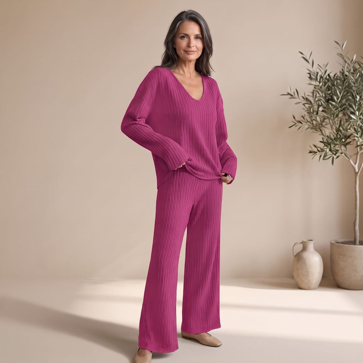 Harper | Women's V-Neck Ribbed Knit Two-Piece Lounge Set with Wide Legs