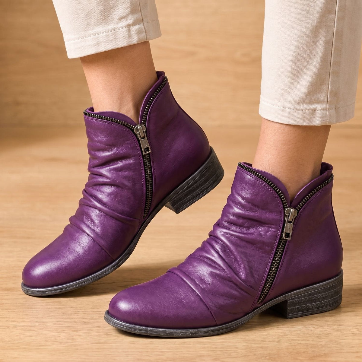 Sophia | Women's Flat Ankle Boots with Ruched Side Zipper