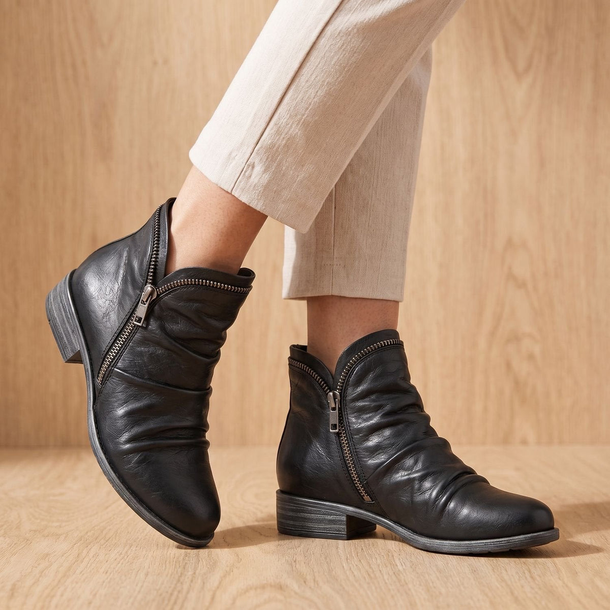 Sophia | Women's Flat Ankle Boots with Ruched Side Zipper