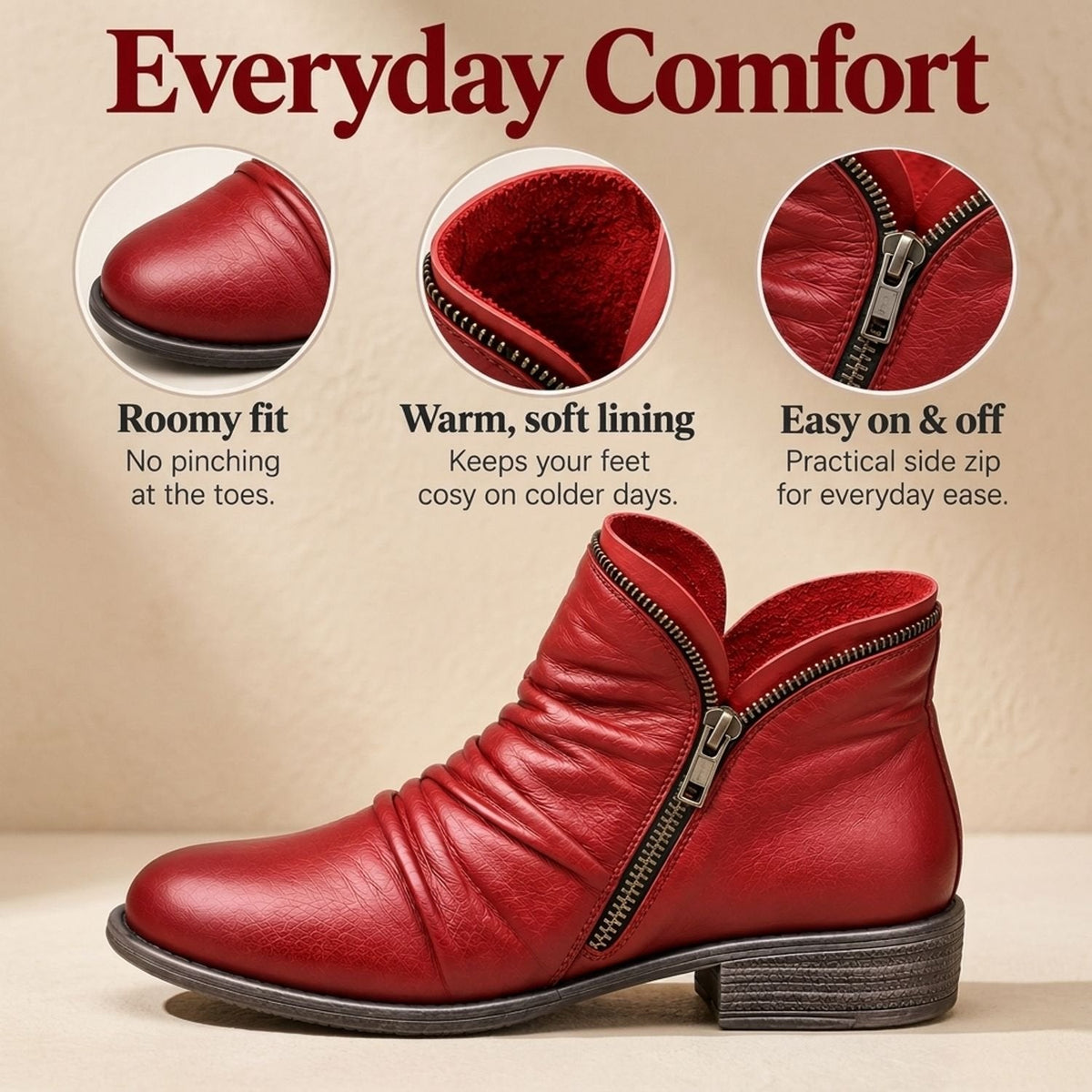Sophia | Women's Flat Ankle Boots with Ruched Side Zipper