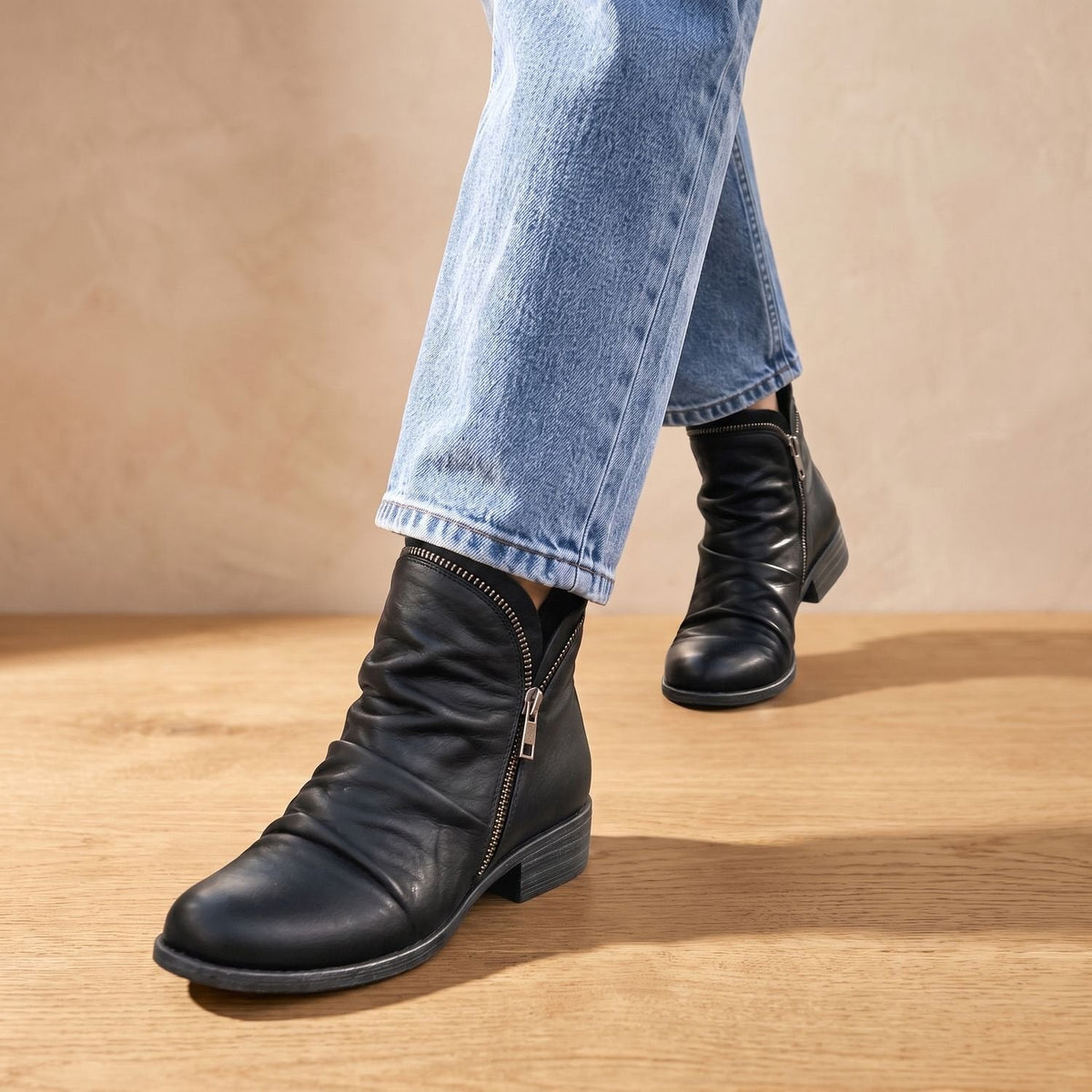 Sophia | Women's Flat Ankle Boots with Ruched Side Zipper