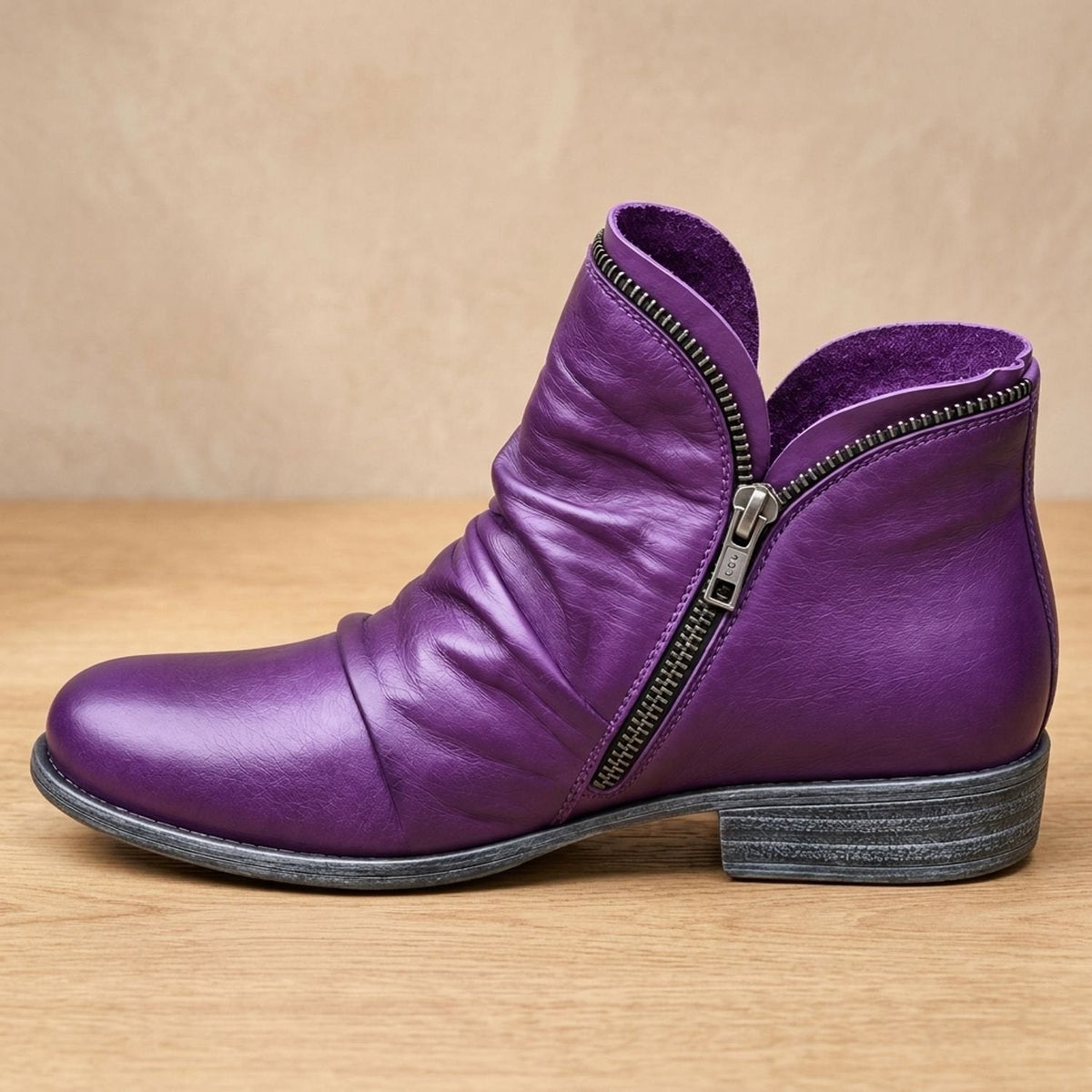 Sophia | Women's Flat Ankle Boots with Ruched Side Zipper