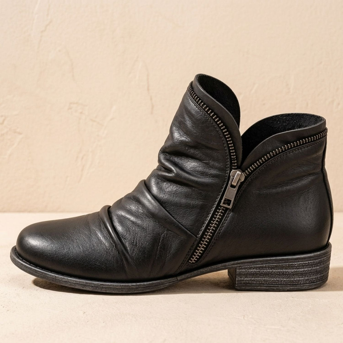 Sophia | Women's Flat Ankle Boots with Ruched Side Zipper