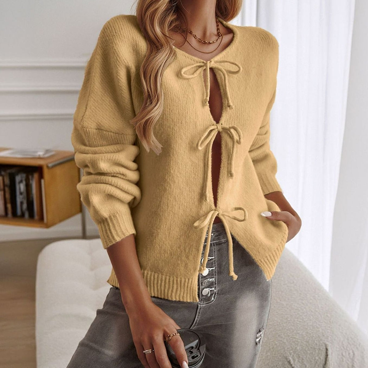 Layla | Women's Cozy Knit Long-Sleeve Cardigan with Tie-Front