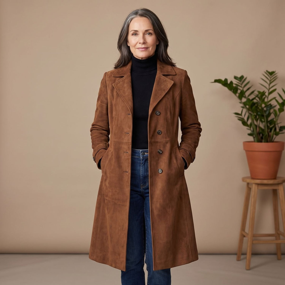 Mia | Women's Knee-Length Coat with Suede Finish and Button Front