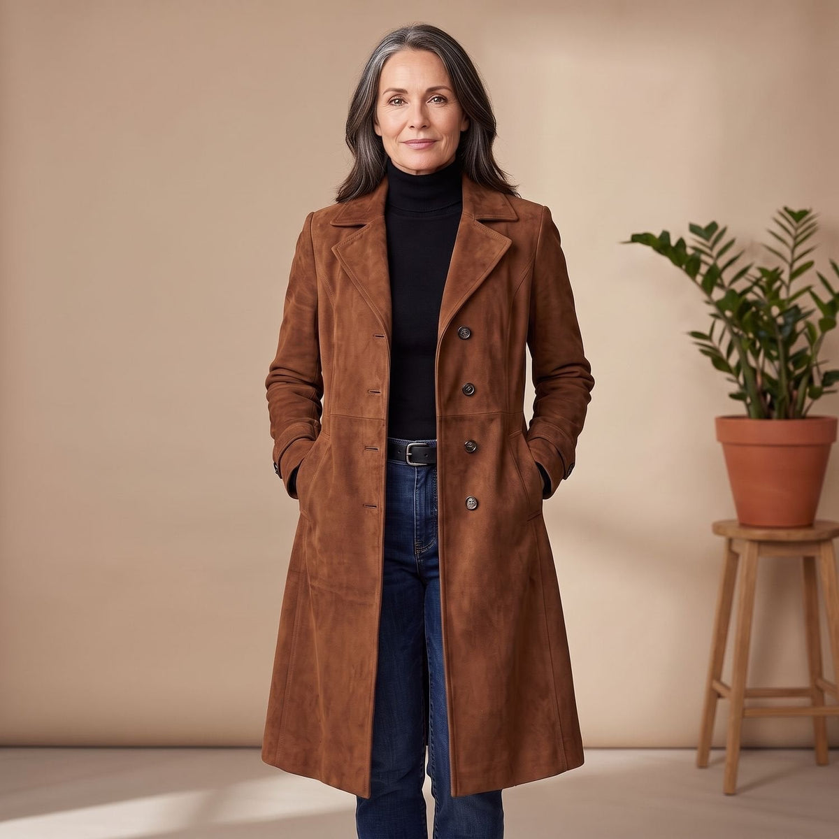 Mia | Women's Knee-Length Coat with Suede Finish and Button Front