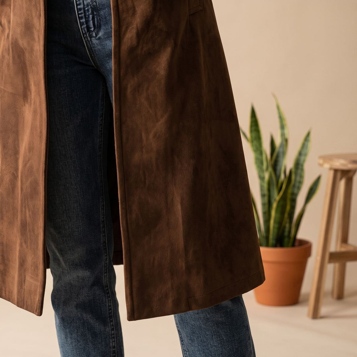 Mia | Women's Knee-Length Coat with Suede Finish and Button Front