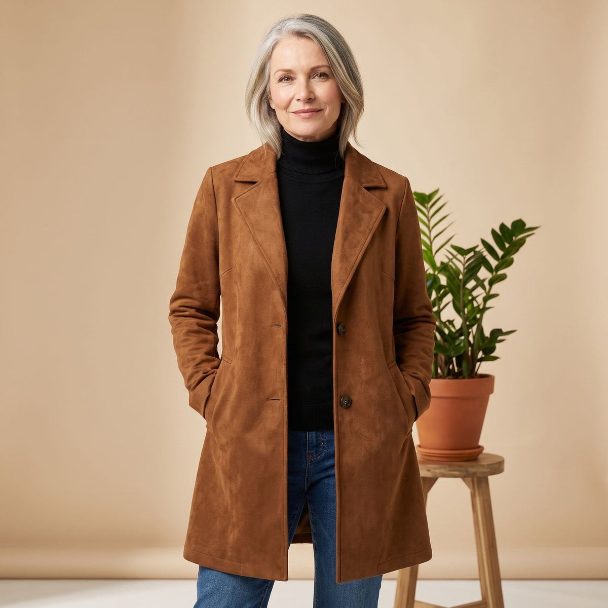 Mia | Women's Knee-Length Coat with Suede Finish and Button Front