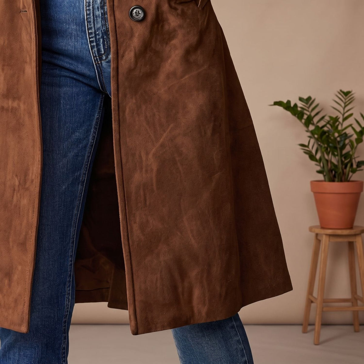 Mia | Women's Knee-Length Coat with Suede Finish and Button Front