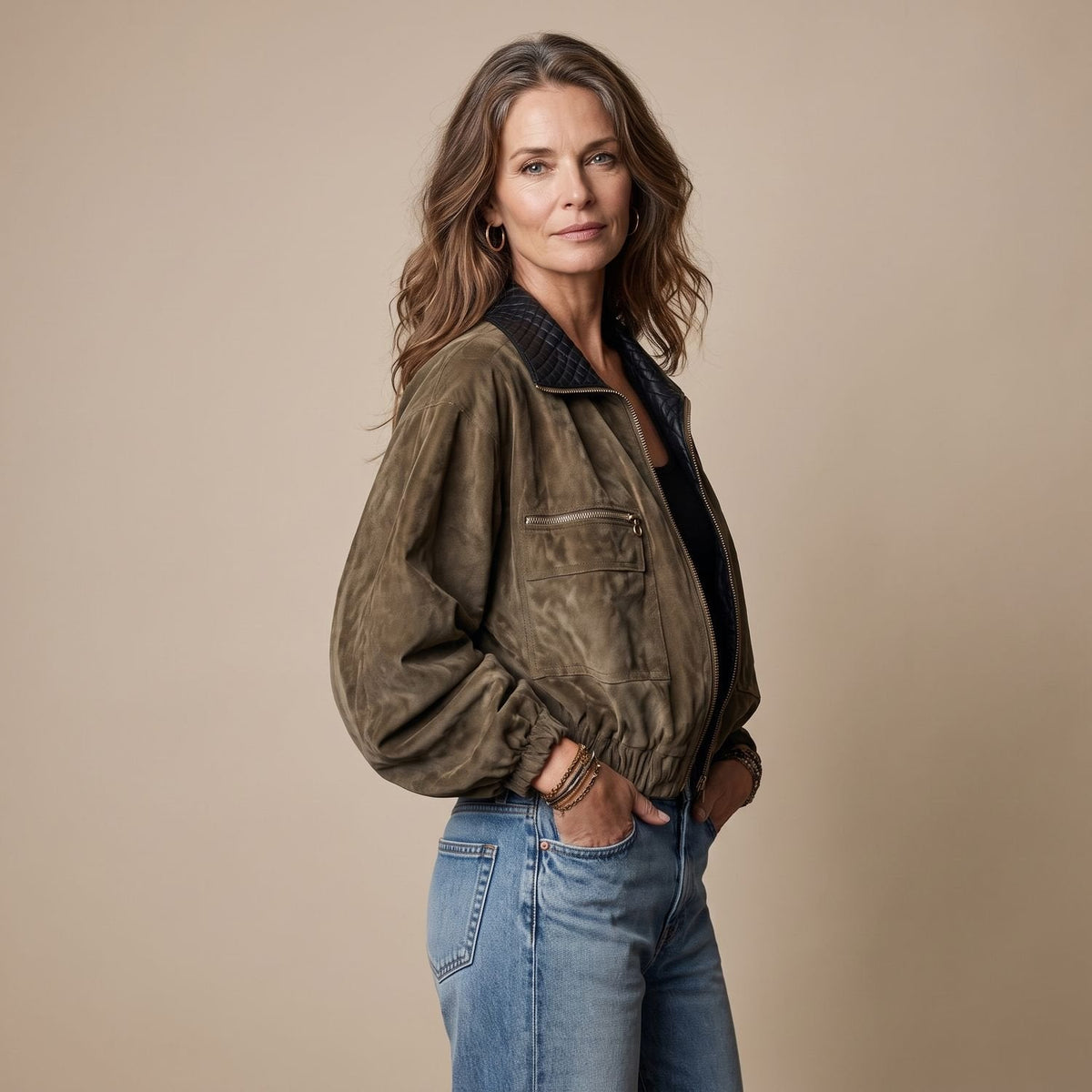 Olivia | Women's Retro Suede-Style Quilted Collar Zip Bomber Jacket