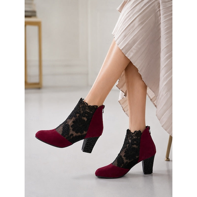 Helena | Floral Lace Ankle Boots with Block Heel