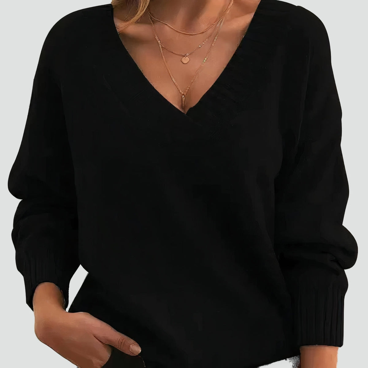 Soft Knitted V-Neck Sweater with Ribbed Edges for Women