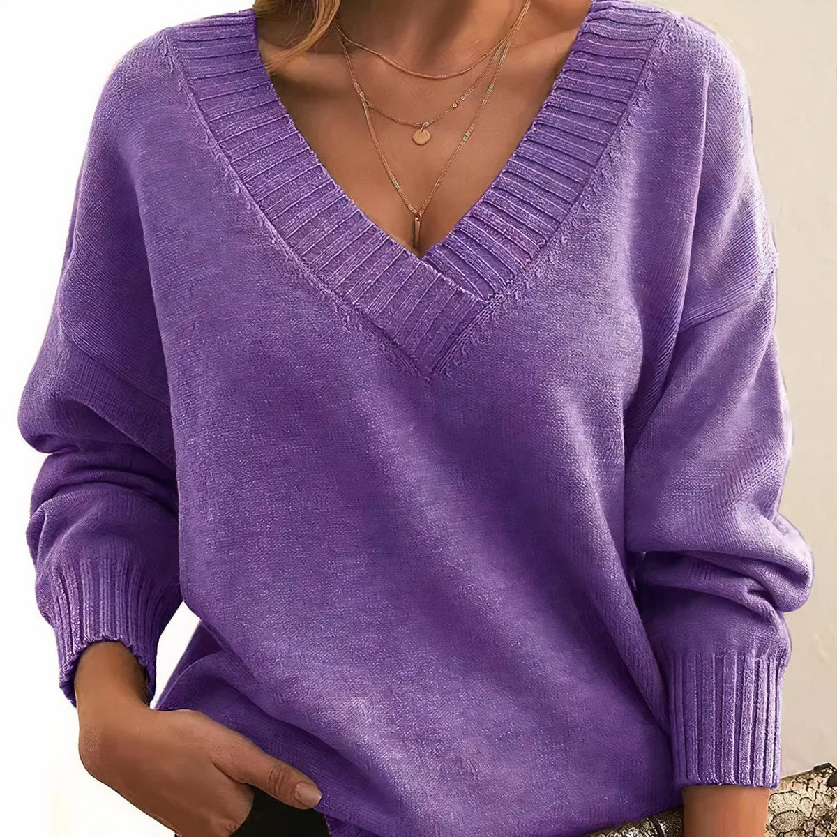 Soft Knitted V-Neck Sweater with Ribbed Edges for Women