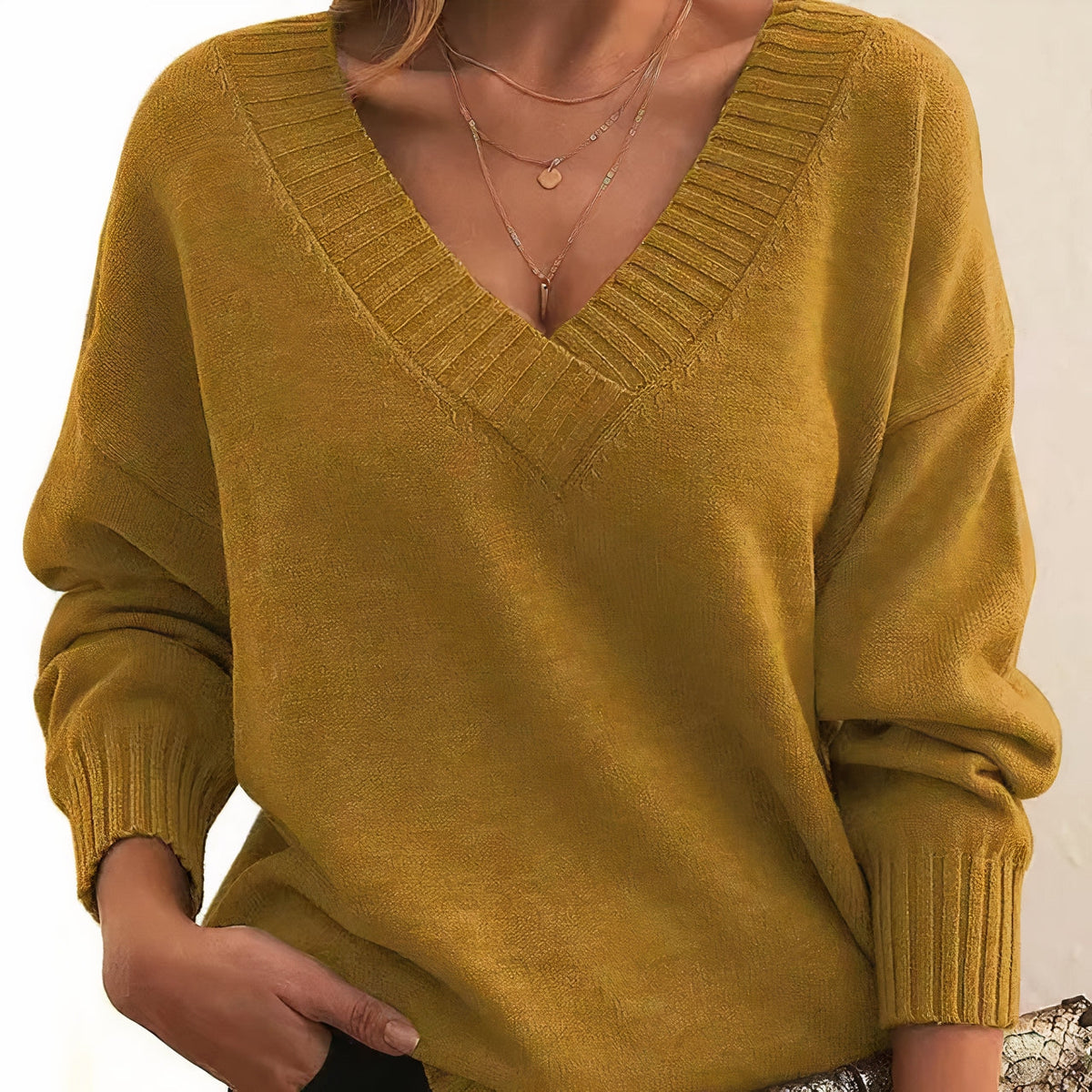 Soft Knitted V-Neck Sweater with Ribbed Edges for Women