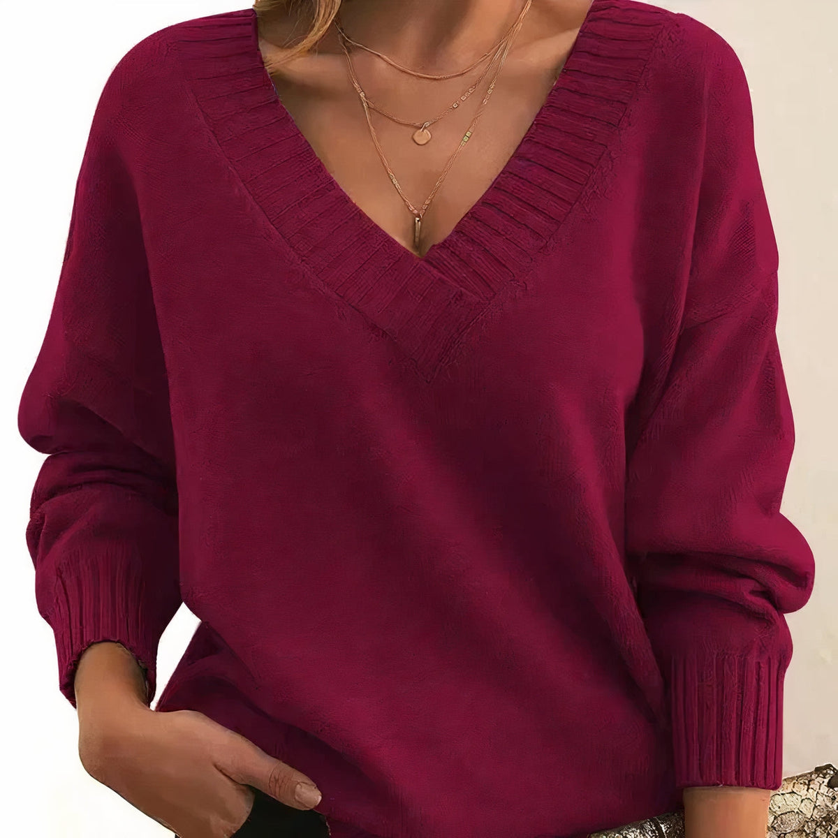 Soft Knitted V-Neck Sweater with Ribbed Edges for Women